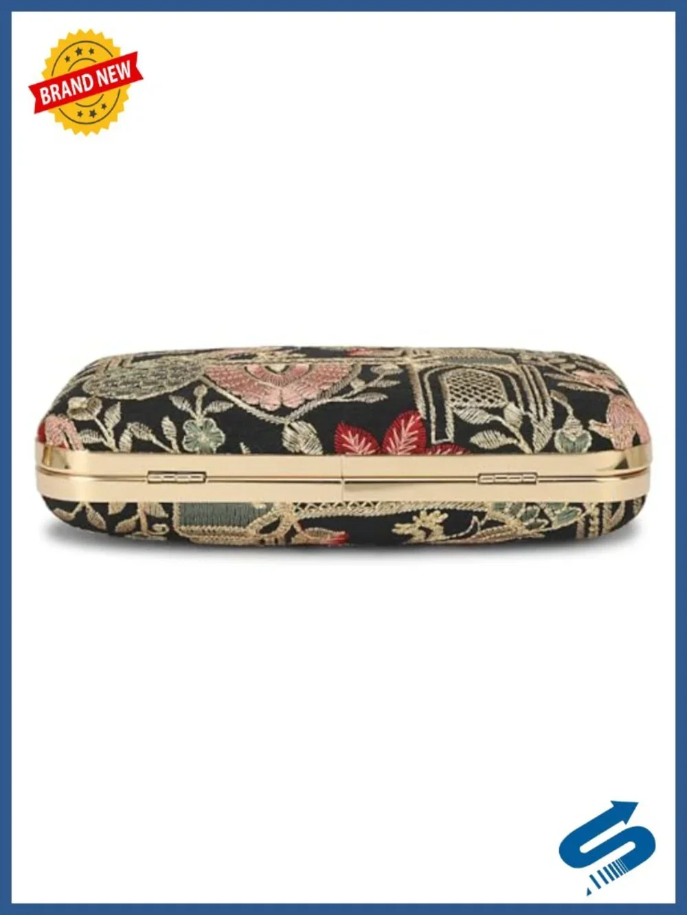 Embroidered Box Clutch Evening Bag with Crystal Clasp & Chain Strap